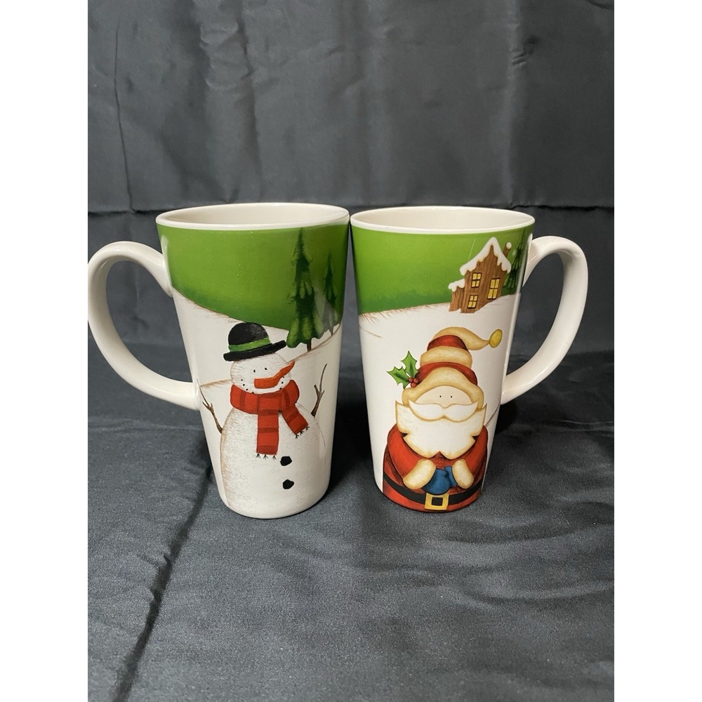 Christmas Coffee Mug Lot of 2 Santa Snowman Holiday Stoneware
